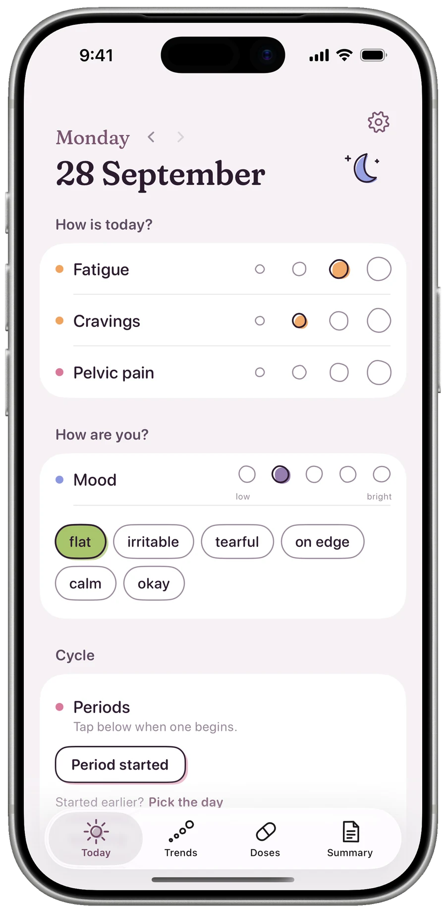 Today: symptoms marked by size, mood from low to bright, and the period card.